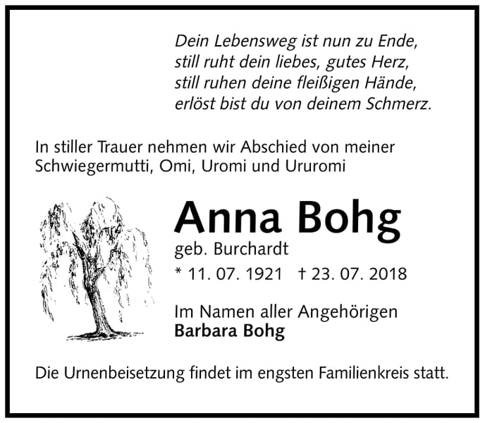 Traueranzeige Anna Bohg, geb. Burchardt