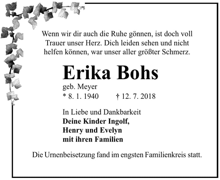 Traueranzeige Erika Bohs geb. Meyer