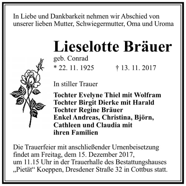 Traueranzeige Lieselotte Bräuer, geb. Conrad