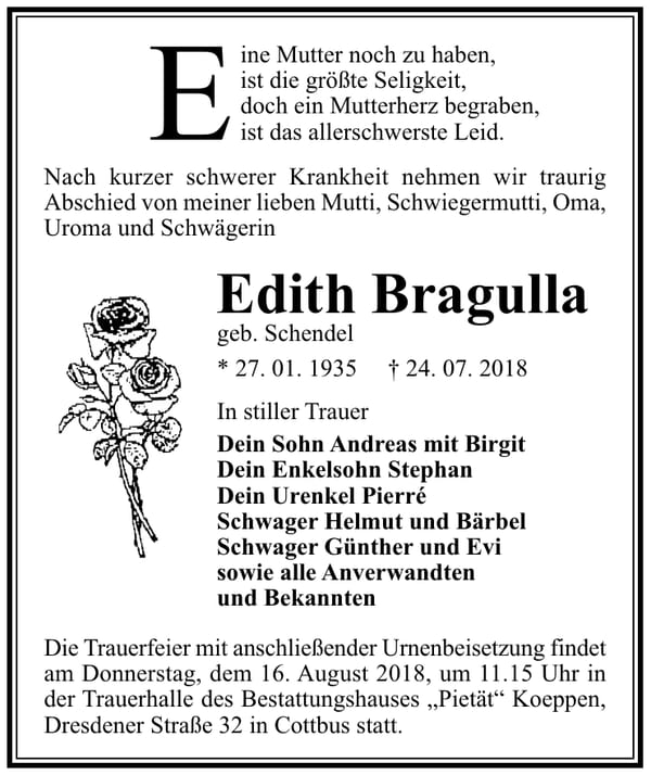 Traueranzeige Edith Bragulla geb. Schendel