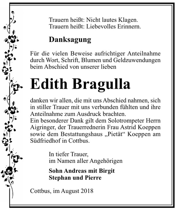 Danksagung Edith Bragulla