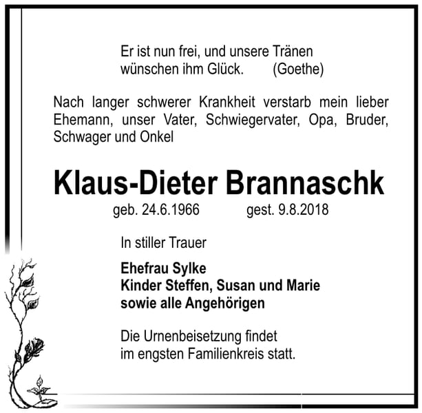 Traueranzeige Klaus-Dieter Brannaschk