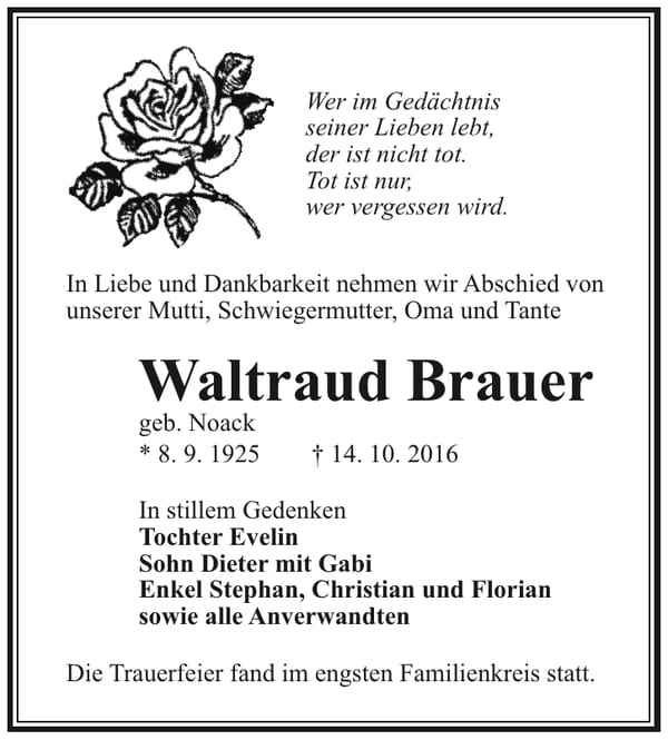 Traueranzeige Waltraud Brauer, geb. Noack