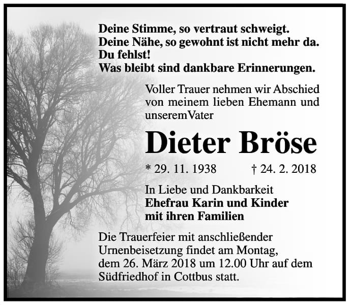 Traueranzeige Dieter Bröse