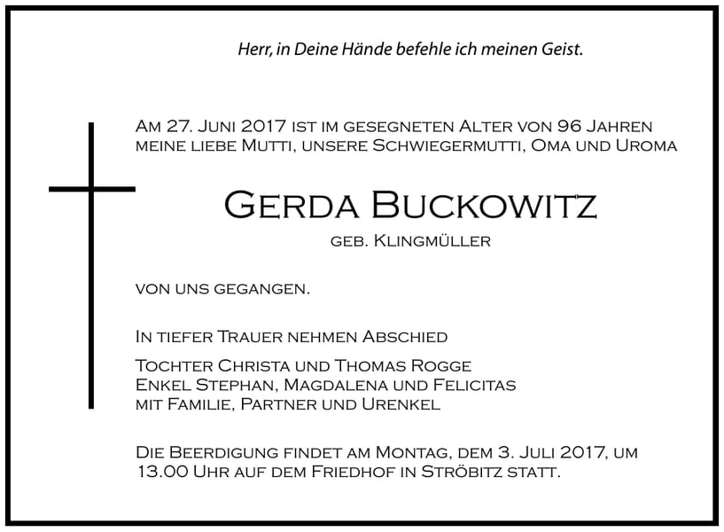 Traueranzeige Gerda Buckowitz, geb. Klingmüller