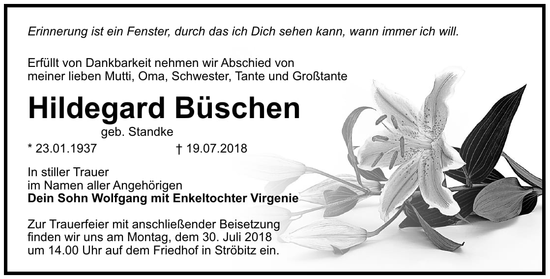 Traueranzeige Hildegard Büschen, geb. Standke