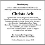 Danksagung Christa Arlt
