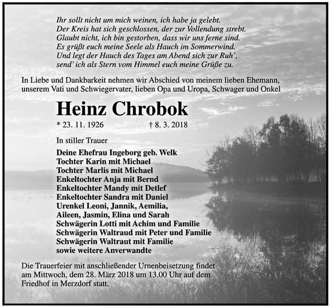 Traueranzeige Heinz Chrobok, geb. Welk