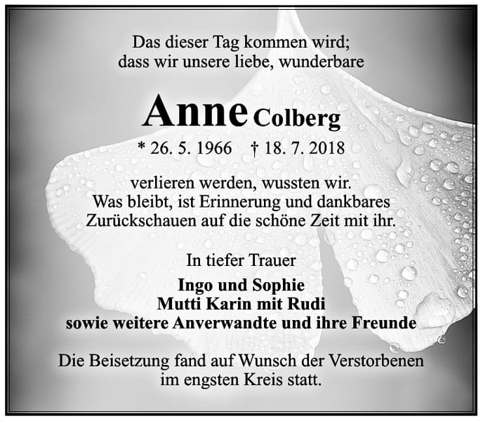 Traueranzeige Anne Colberg