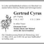 Traueranzeige Gertrud Cyrus, geb. Irrgang