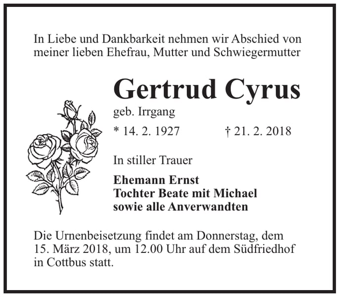 Traueranzeige Gertrud Cyrus, geb. Irrgang