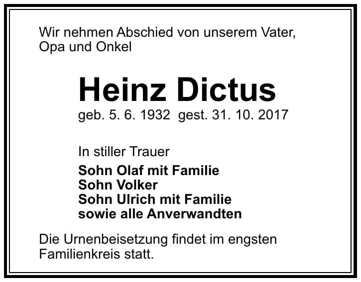 Traueranzeige Heinz Dictus