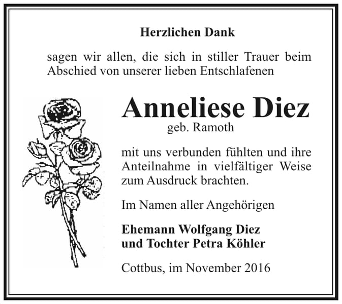 Danksagung Anneliese Diez, geb. Ramoth