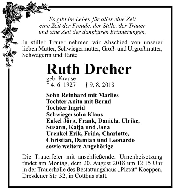 Traueranzeige Ruth Dreher, geb. Krause