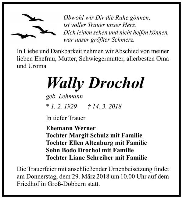 Traueranzeige Wally Drochol, geb. Lehmann