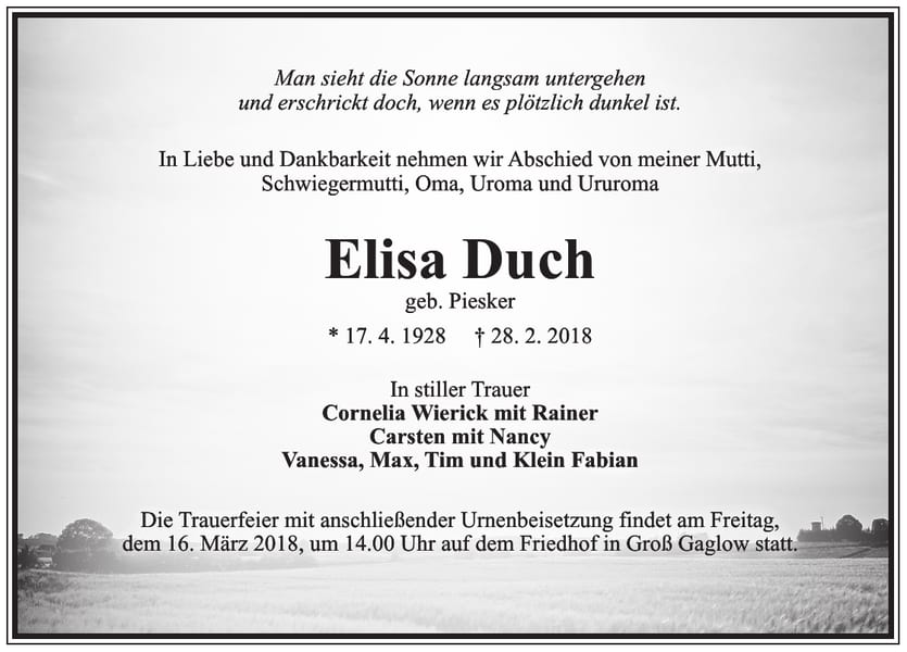 Traueranzeige Elisa Duch, geb. Piesker