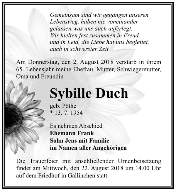 Traueranzeige Sybille Duch, geb. Pöthe