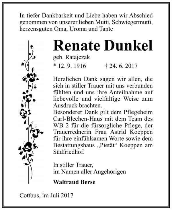 Danksagung Renate Dunkel, geb. Ratajczak