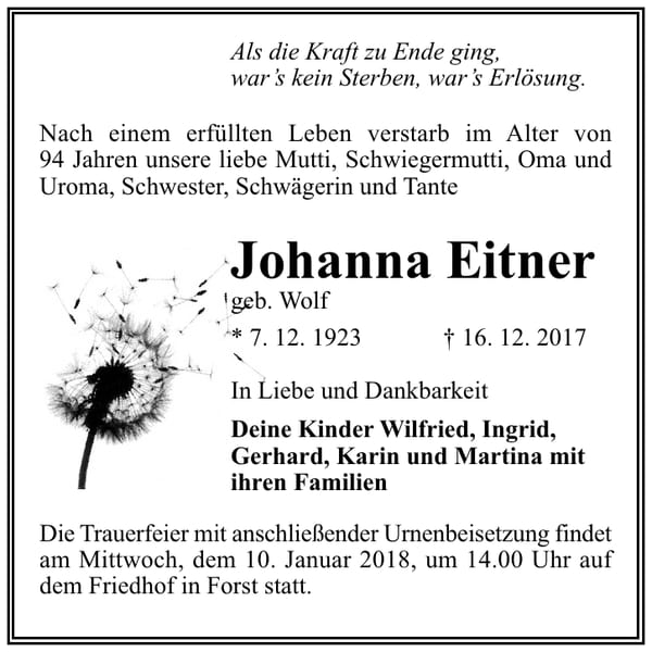 Traueranzeige Johanna Eitner, geb. Wolf