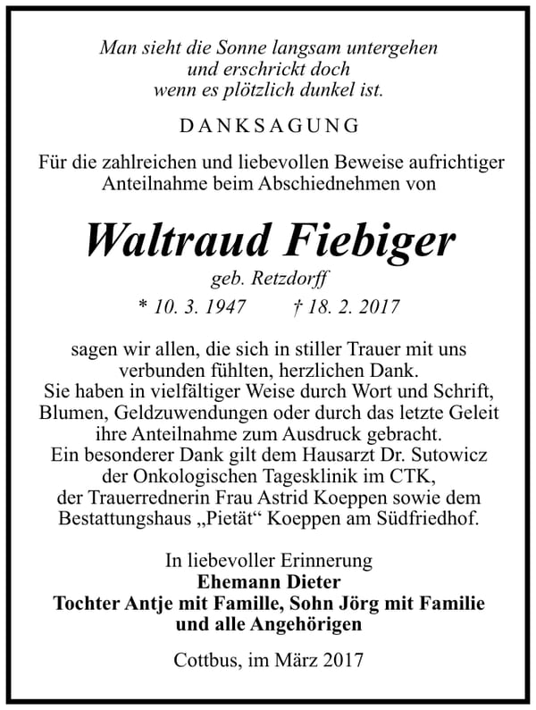 Danksagung Waltraud Fiebiger, geb. Retzdorff