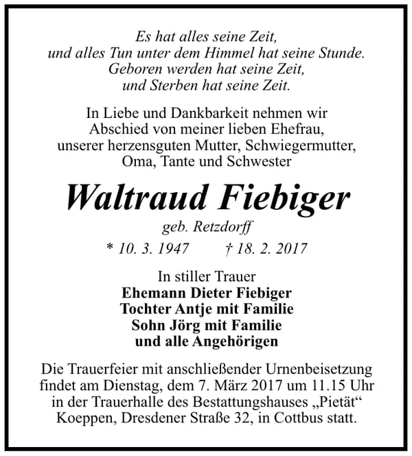 Traueranzeige Waltraud Fiebiger, geb. Retzdorff