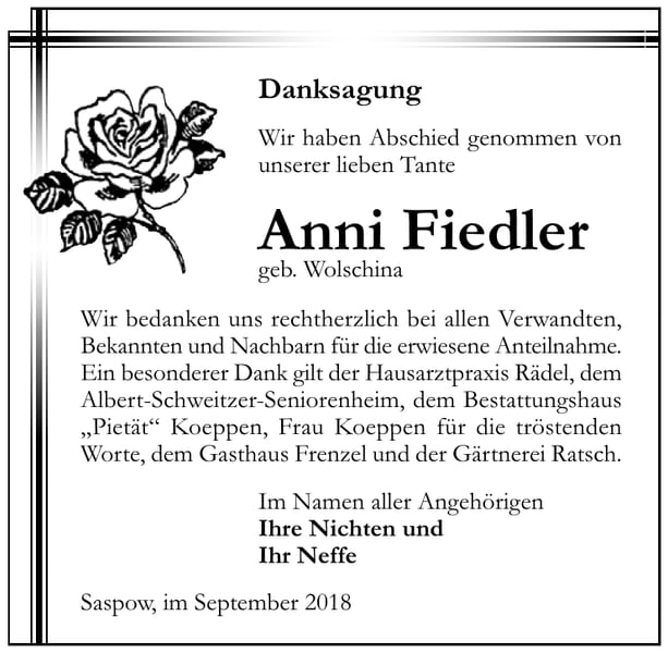 Danksagung Anni Fiedler geb. Wolschina