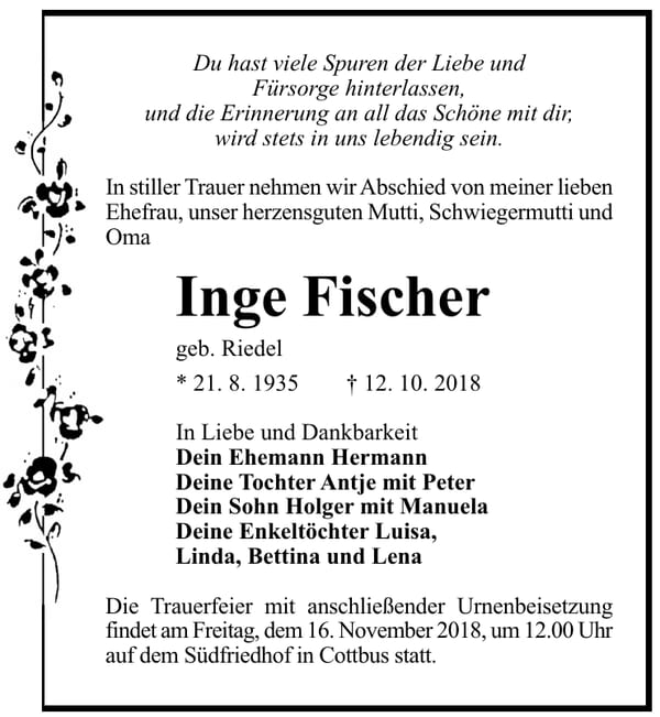 Traueranzeige Inge Fischer, geb. Riedel
