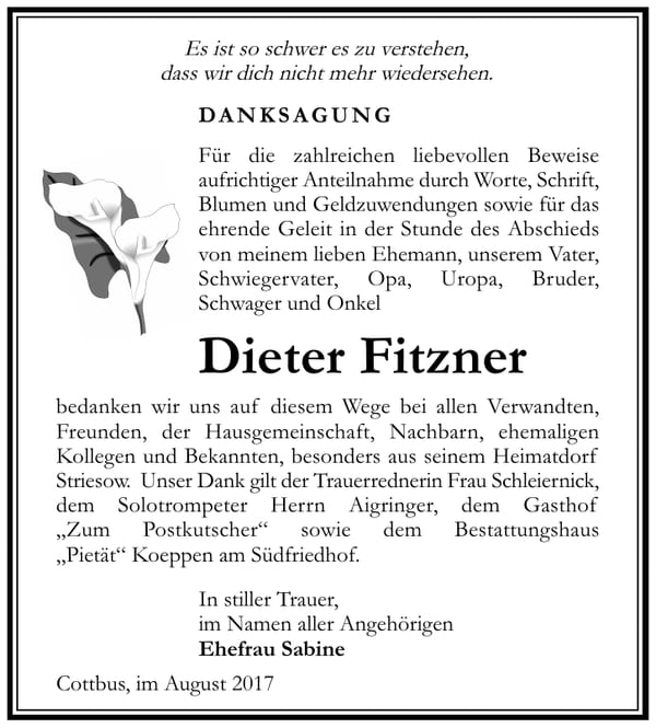 Danksagung Dieter Fitzner