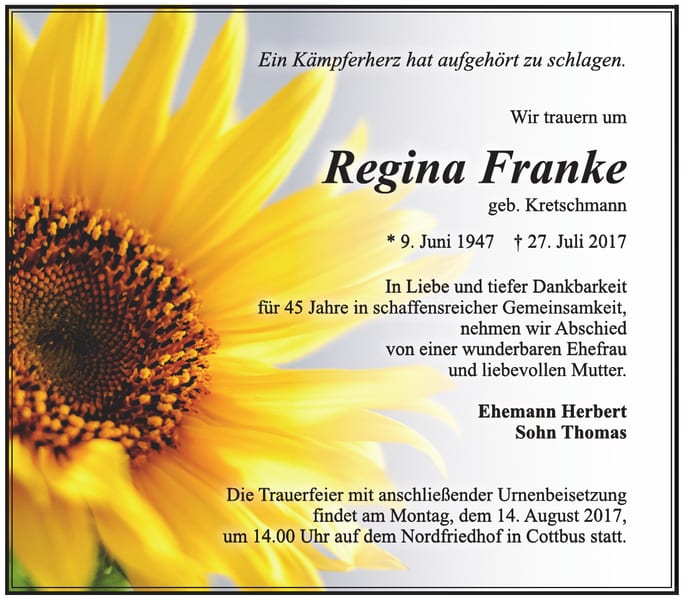 Traueranzeige Regina Franke, geb. Kretschmann