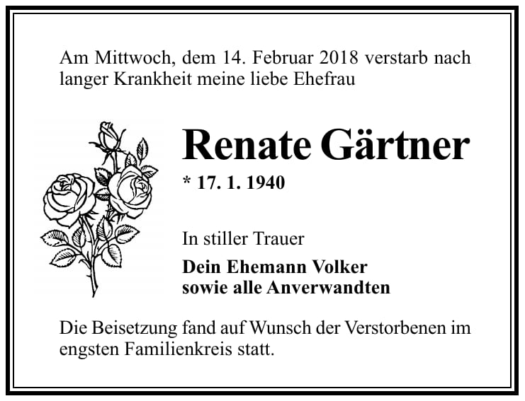Traueranzeige Renate Gärtner