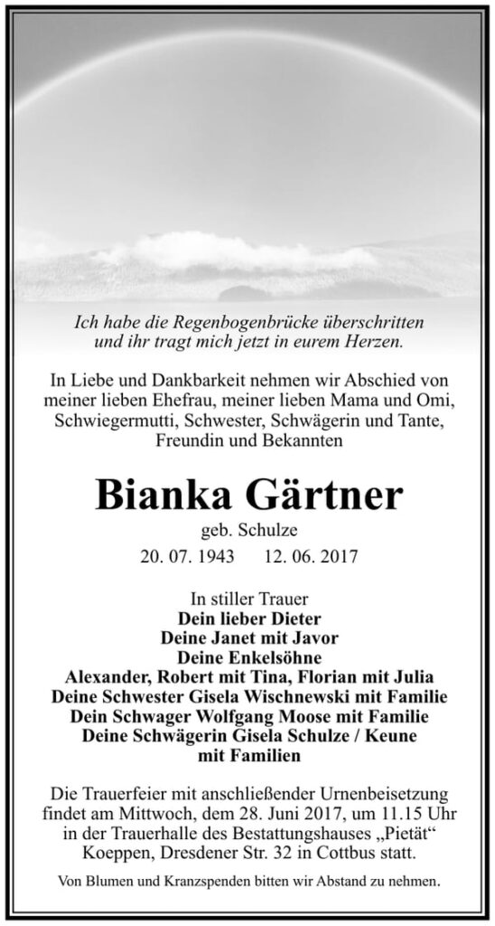 Traueranzeige Bianka Gärtner, geb. Schulz