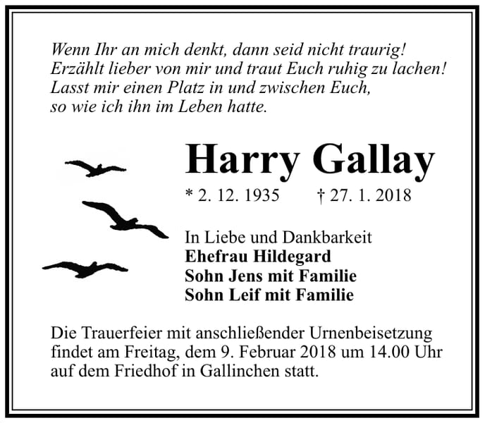 Traueranzeige Harry Gallay