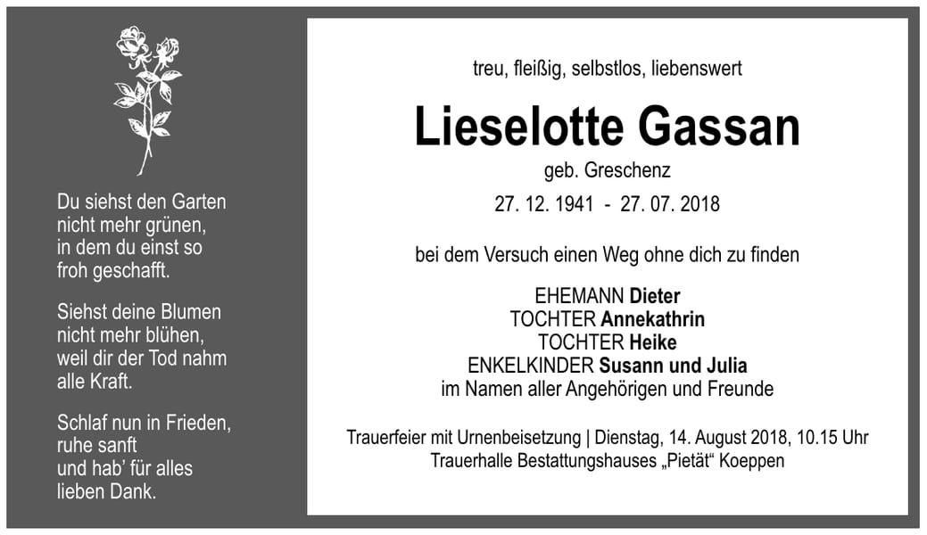 Traueranzeige Lieselotte Gassan, geb. Greschen