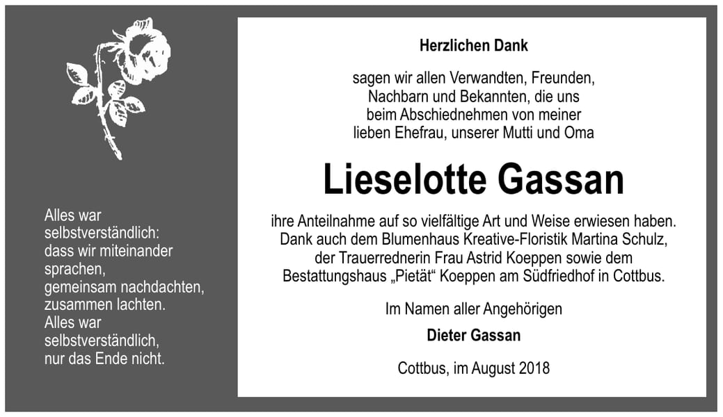 Danksagung Lieselotte Gassan
