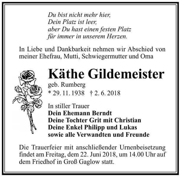 Traueranzeige Käthe Gildemeister, geb. Rumberg