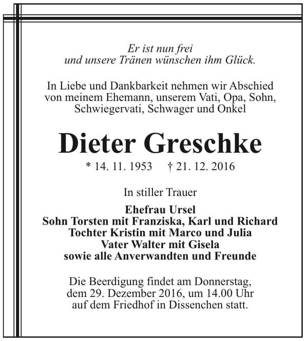 Traueranzeige Dieter Greschke