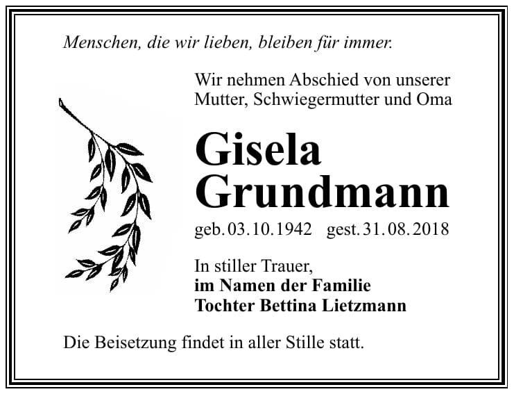 Traueranzeige Gisela Grundmann