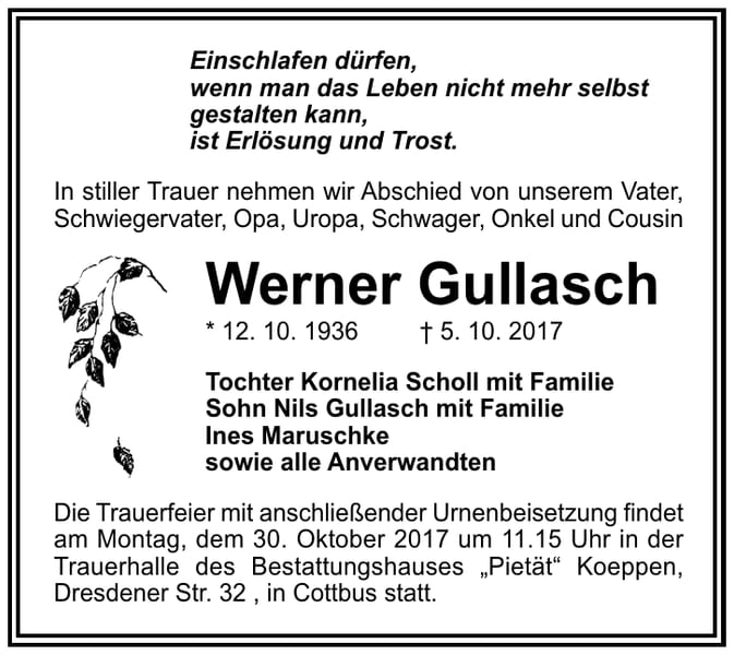 Traueranzeige Werner Gullasch