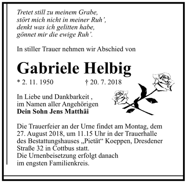 Traueranzeige Gabriele Helbig