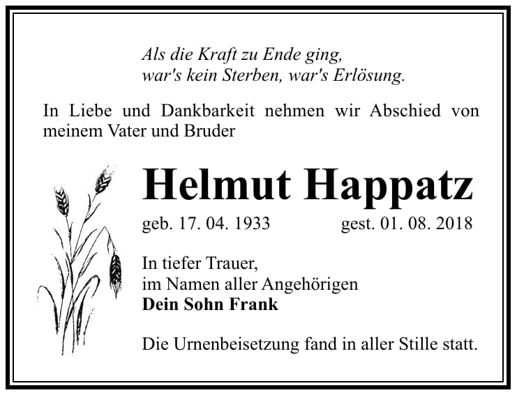 Traueranzeige Helmut Happatz
