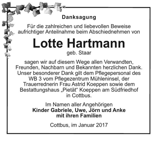 Danksagung Lotte Hartmann, geb. Staar