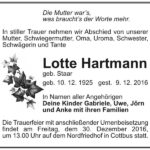 Traueranzeige Lotte Hartmann, geb. Staar
