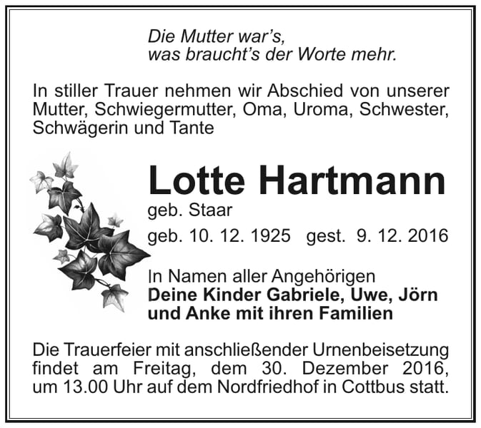 Traueranzeige Lotte Hartmann, geb. Staar