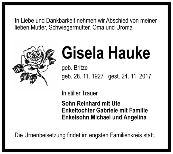Traueranzeige Gisela Hauke, geb. Britze