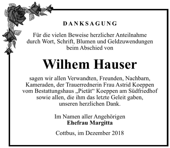 Danksagung Wilhem Hauser