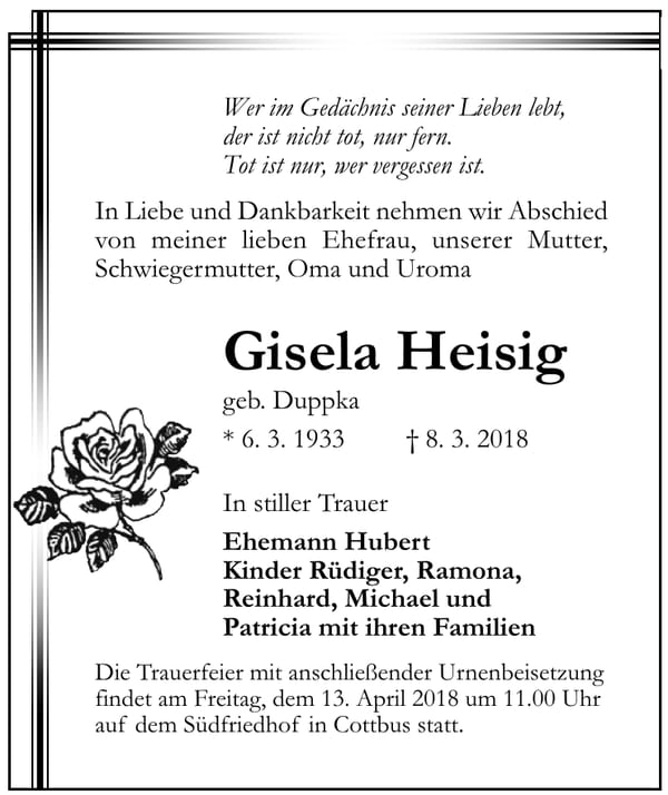 Traueranzeige Gisela Heisig, geb. Duppka