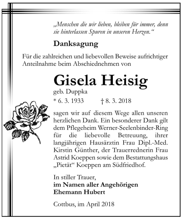Danksagung Gisela Heisig, geb. Duppka