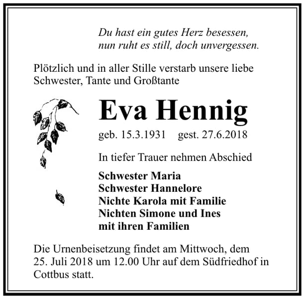 Traueranzeige Eva Hennig
