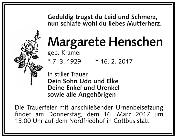 Traueranzeige Margarete Henschen, geb. Kramer