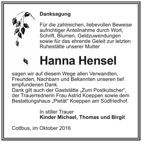 Danksagung Hanna Hensel